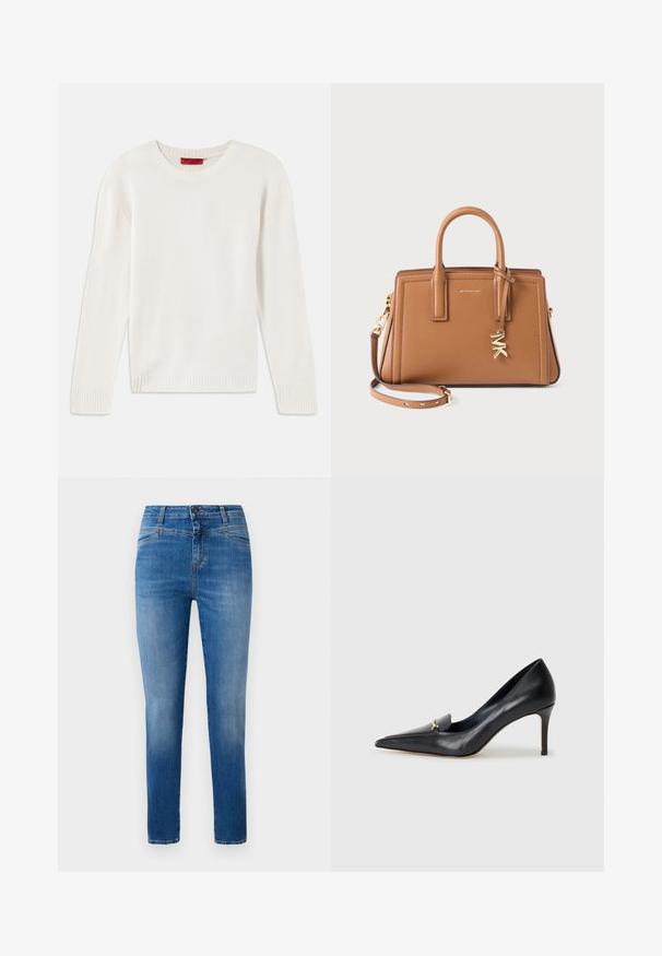 Kremowy sweter z długim rękawem z dzianiny, z okrągłym dekoltem oraz prążkowanymi mankietami i dołem, ułożony na płasko na białym tle.; Klasyczne niebieskie dżinsy o prostym kroju nogawki, zaprojektowane z średnim stanem, przednimi kieszeniami i pomarańczowymi przeszyciami.; Czarny skórzany czórek na wysokim obcasie z ostrym noskiem, niskim przodem i dekoracyjnym złotym akcentem. Posiada szpilkowy obcas oraz gładką fakturę.; Brązowa skórzana torebka z podwójnymi uchwytami, odczepianym paskiem, złotym charms'em "MK" i logo Michaela Korsa z przodu.