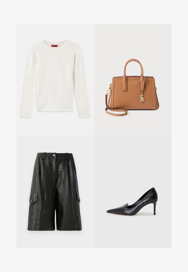 Krémový pletený sveter s dlhým rukávom, okrúhlym výstrihom a rebrovanými manžetami a lemom, položený na bielom pozadí.; Čierne kožené cargo šortky s elastickým pásom, ktoré majú dve bočné vrecká, predný zips a modrý gombík ako akcent.; Čierne kožené lodičky s špicatou špičkou, nízkym vampom a dekoratívnym zlatým akcentom. Majú podpätok typu stiletto a hladký povrch.; Hnedá kožená kabelka s dvojitými uchami, odnímateľným popruhom, zlatým „MK“ príveskom a logom Michael Kors na prednej strane.