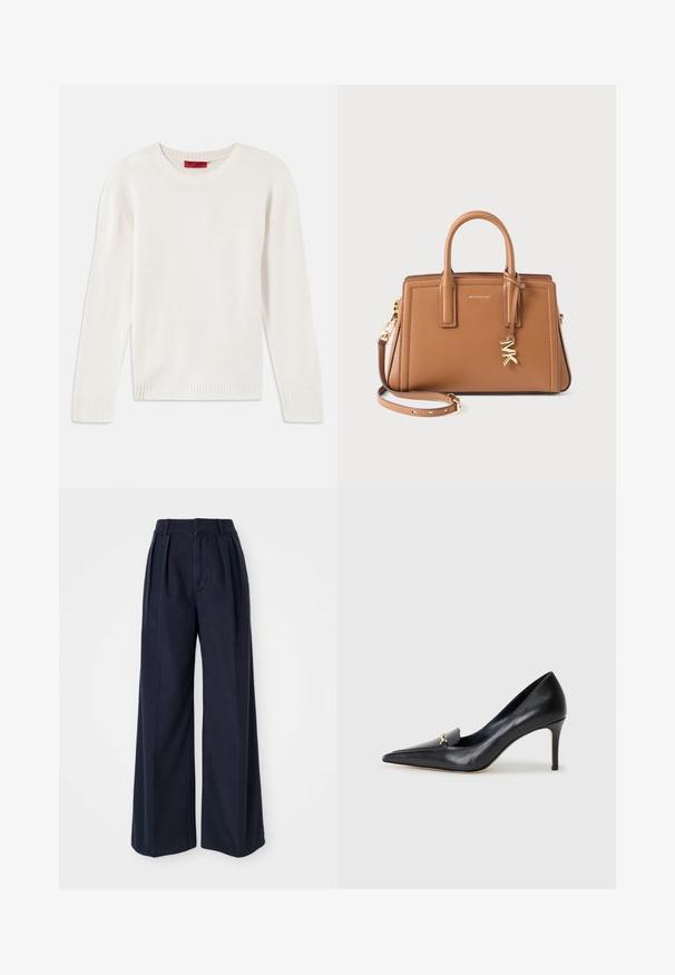 Krémový pletený sveter s dlhým rukávom, okrúhlym výstrihom a rebrovanými manžetami a lemom, položený na bielom pozadí.; Tmavomodré široké nohavice zo 100% bavlny, s záhybmi vpredu, vysokým pásom a zipsom s gombíkovým zapínaním.; Čierne kožené lodičky s špicatou špičkou, nízkym vampom a dekoratívnym zlatým akcentom. Majú podpätok typu stiletto a hladký povrch.; Hnedá kožená kabelka s dvojitými uchami, odnímateľným popruhom, zlatým „MK“ príveskom a logom Michael Kors na prednej strane.