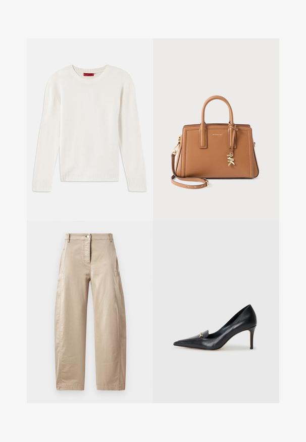 Kreminės spalvos ilgomis rankovėmis megztinis su apvaliu kaklu, su raukšlėmis ant rankovių ir apačios, padėtas ant balto fono.; Šviesiai rudos plačios kelnės, pagamintos iš lygios medvilnės mišinio, su priekiniais mygtukais, šoninėmis kišenėmis ir matomomis siuvimo detalėmis.; Juodas odinis aukštakulnis batelis su smailiu pirštu, žemu iškirpimu ir dekoratyviu auksiniu akcentu. Yra stiletto kulnas ir glotnus paviršius.; Ruda odinė rankinė su dvigubomis rankenėlėmis, nuimamu dirželiu, auksinės spalvos "MK" pakabuku ir Michael Kors ženklu priekyje.