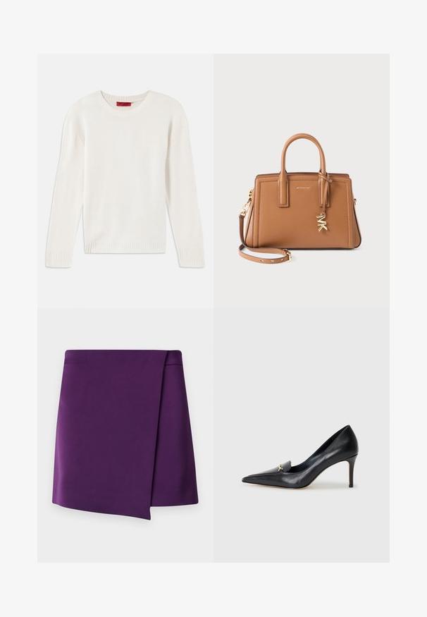 Kermanvärinen pitkähihainen neulepaita, jossa on pyöreä kaula-aukko ja ribbineuleiset hihansuut ja helma, asetettuna tasaiselle valkoiselle taustalle.; Violetti minihame, jossa on sileä pinta, diagonaalisesti hieman kietoutuva muotoilu ja siistit linjat. Ei näkyvää metalliosaa tai kuvioita.; Musta nahkainen korkokenkä, jossa on terävä kärki, matala leikkaus ja koristeellinen kultainen yksityiskohta. Varustettu stilettokannalla ja sileällä pinnalla.; Ruskea nahkakäsilaukku, jossa on tuplakahvat, irrotettava olkahihna, kultainen "MK" -koriste ja Michael Korsin logo edessä.