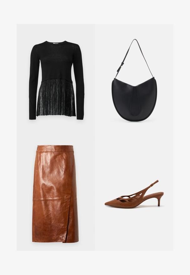 Schwarzes Langarmoberteil mit einem gestrickten Oberteil und einem fransigen unteren Abschnitt. Die Textur ist oben glatt und am Saum fransig.; Brauner Lederrock knielang mit einem leichten Schlitz vorne und einem taillierten Bund, auf einem schlichten hellen Hintergrund präsentiert.; Braune Leder-Slingback-Peeptoe mit spitz zulaufender Zehenpartie, Ausschnitt-Design und genähten Details. Verfügt über einen schlanken Absatz und einen verstellbaren Riemen.; THEMOIRè TIKE - Handtasche - black