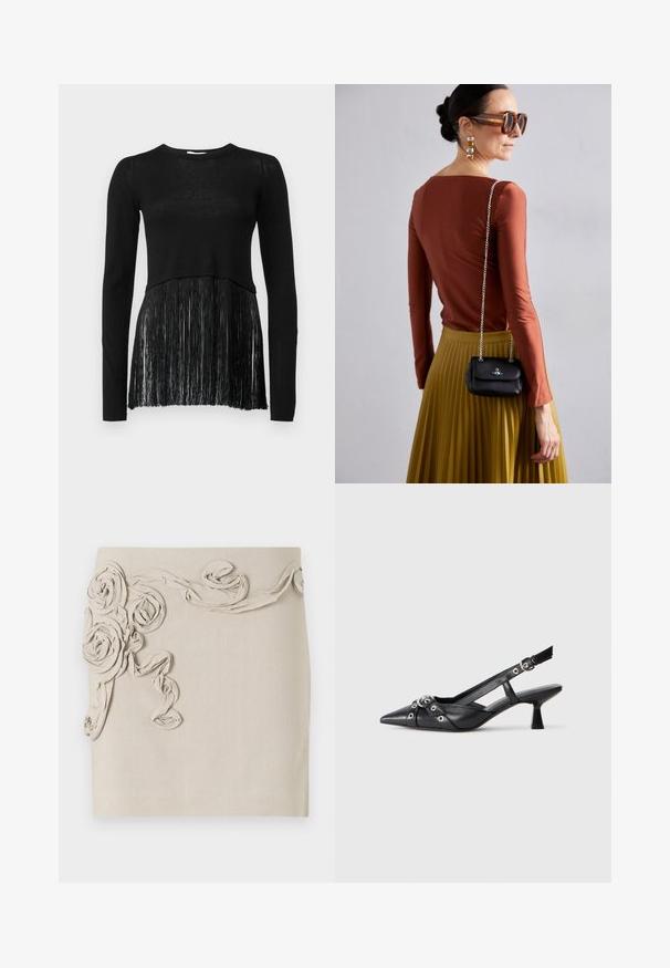 Black long-sleeve top featuring a knitted body and a fringe lower section. The texture is smooth at the top and fringed at the hem.; Beige linen skirt featuring textured, fabric rosette appliqués and winding ribbon detailing for a dimensional look. Smooth finish.; Black leather slingback shoe with a pointed toe, decorative straps featuring metal eyelets, and a low block heel. Textured surface.; Vivienne Westwood SMALL PURSE CHAIN - Cross body bag - black