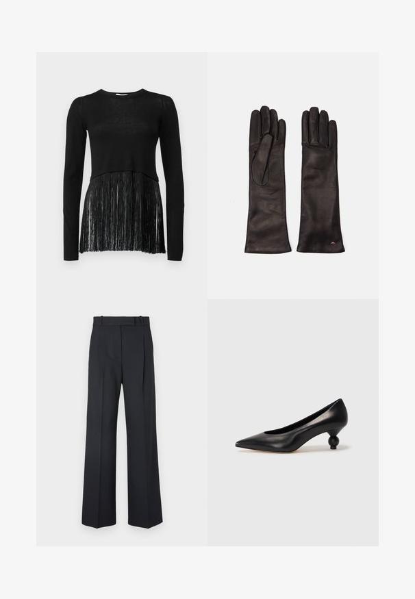 Black long-sleeve top featuring a knitted body and a fringe lower section. The texture is smooth at the top and fringed at the hem.; Dark blue pinstriped trousers with a high waist, wide leg design, and no visible hardware or embellishments. Smooth texture and tailored fit.; Black leather high heel shoe with a pointed toe and a round, balled heel. Smooth texture with a sleek, minimal design.; Weekend Max Mara SENAPE - Gloves - nero