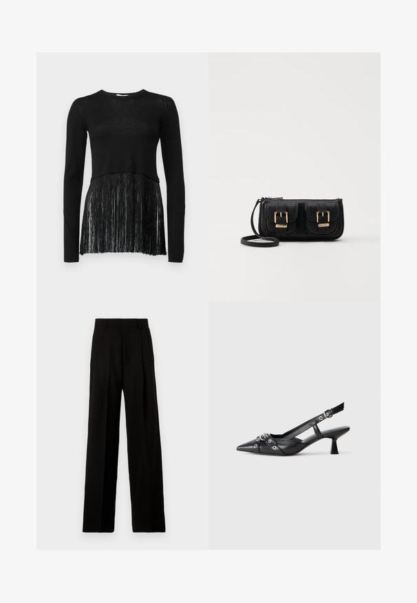 Black long-sleeve top featuring a knitted body and a fringe lower section. The texture is smooth at the top and fringed at the hem.; Black wide-leg trousers made of smooth fabric, featuring a high waist, front pleats, and a clean, tailored design without embellishments.; Black leather slingback shoe with a pointed toe, decorative straps featuring metal eyelets, and a low block heel. Textured surface.; Black leather crossbody bag with two front pockets, gold buckles, zipper closure, and a slim strap. Textured surface and compact rectangular shape.