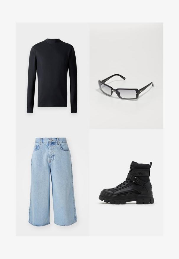 Svart långärmad skjorta i slät tyg med rundad halsringning och åtsittande manschetter. Enkel design utan mönster eller dekorationer.; Ljust blå denimculotte shorts med hög midja, femfickorsdesign och lös passform. Har en blekt struktur och dubbelstickade fållar.; Buffalo ASPHA - Snörstövletter - black; Svarta rektangulära solglasögon med graduerade linser, med en tjock ram och metallaccentdetaljer på bågarna. Slät yta genom hela.