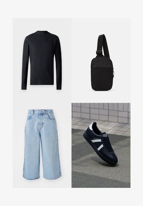 Juodas ilgomis rankovėmis marškinys, pagamintas iš glotnaus audinio, su apvaliu kaklu ir prigludusiomis rankovėmis. Paprastas dizainas be raštų ar dekoracijų.; Šviesiai mėlynos džinsinės culotte šortai su aukštu juosmens, penkių kišenių dizainu ir laisvu siluetu. Nuoširdi tekstūra ir dvigubai siuvinėtos kraštinės.; Juodas odinis sportinis batelis su baltais dryžiais, tekstūruota gumine padais ir raišteliais priekyje. Yra prekės ženklą žymintis etiketė ant liežuvio.; Juodas per petį nešiojamas krepšys, pagamintas iš patvarios medžiagos, su vienu reguliuojamu diržu, užtrauktuku užsidarančia pagrindine kišene ir priekyje esančia kišene.