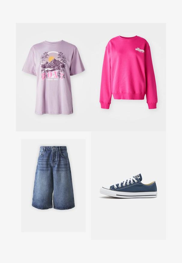 Lyserød sweatshirt lavet af blødt, tekstureret stof, med rund halsudskæring og lange ærmer. Den har et hvidt logo på forsiden.; Lilla T-shirt lavet af bomuld, med et grafisk motiv af bjerge, sol og planter. Mærkenavnet "ROXY" vises markant i pink.; Denim shorts i lys til mørk blå gradient med et klassisk fem-lomme design, afsluttet med en knaplukning og brede ben.; Canvas sneakers i navy blue med hvide snørehuller og snørebånd, med en hvid gummitåhætte og en sort stripe langs sålen.