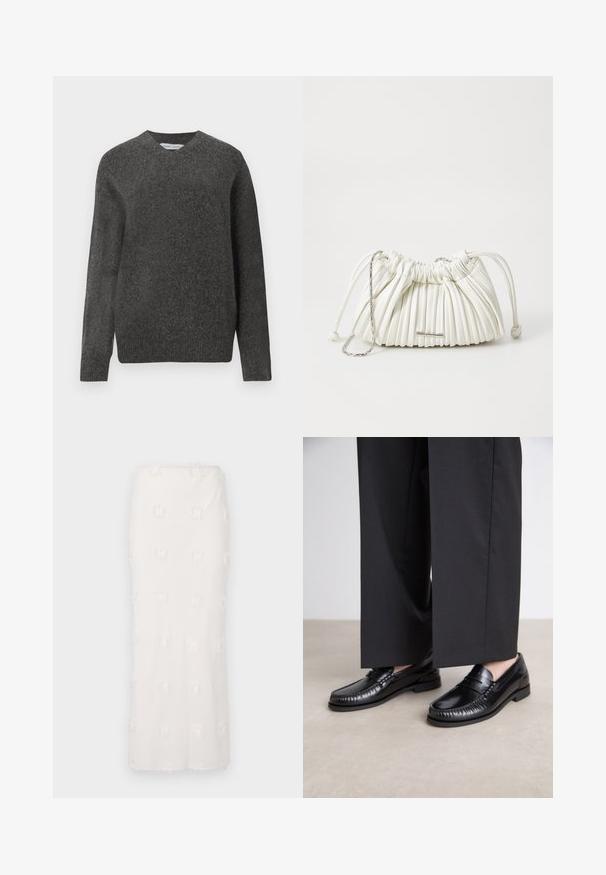Pull gris en V fabriqué en un mélange de laine douce, avec des manches longues et une coupe décontractée. Design simple et minimal, sans motifs marquants.; Jupe blanche mi-longue en tissu texturé, présentant un motif brodé avec des franges subtiles. Coupe droite et taille sans couture.; Mocassins en cuir noir avec une finition lisse, descoutures autour de l'orteil et une semelle en caoutchouc basse. Assortis à un pantalon large noir.; Sac à main plissé blanc en matériau doux. Il dispose d'une fermeture à cordon, de poignées tressées et d'un accent en métal argenté.