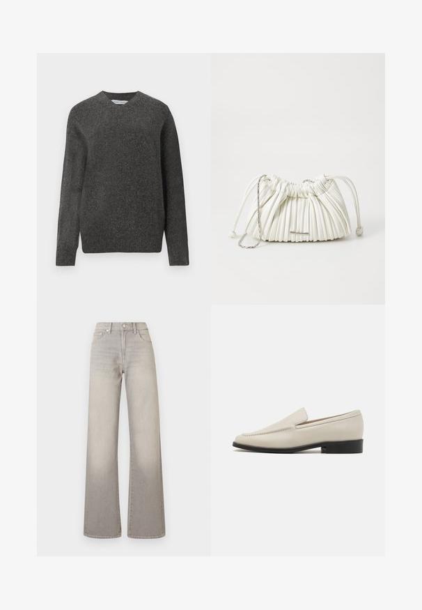 Harmaa V-pääntie neulepaita, joka on valmistettu pehmeästä villasekoitekankaasta. Siinä on pitkät hihat ja rento istuvuus. Yksinkertainen, minimalistinen muotoilu ilman erityisiä kuvioita.; Harmaat leveälahkeiset farkut, joissa on haalistunut pinta, nappisuljenta, viisi taskua ja ommeltu yksityiskohtaus saumoissa.; Beige nahkaiset slip-on-loafarit, joissa on tyylikäs muotoilu, mantelinmuotoinen kärki, minimaalinen ompelu ja matala musta korko. Sileä rakenne.; Valkoinen pussukka, jossa on laskostettu muotoilu ja pehmeä materiaali. Varustettu nyörisulkimella, punottuilla kahvoilla ja hopeanvärisellä koristeella.