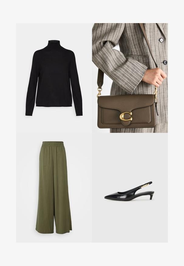 Schwarzer Rollkragenpullover aus weichem, dehnbarem Stoff mit langen Ärmeln und lockerer Passform. Glatte Textur, minimalistisches Design, ohne Muster.; DRYKORN CEILING - Stoffhose - green; Schwarze Leder-Slingback-Pumps mit spitzem Schuhblatt, ausgestattet mit einem schlanken Absatz und einem goldfarbigen Akzent am verstellbaren Riemen. Glatte Textur.; COACH TABBY SHOULDER BAG 26 - Handtasche - dark stone