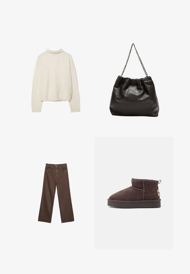 Kermainen pooloneule, valmistettu pehmeästä neulomamateriaalista, jossa on pitkät hihat ja rento istuvuus, jossa on ribbaus hihansuissa ja helmassaan.; Leviittävät ruskeat farkut, jotka on valmistettu denimistä, korkea vyötärö, etutaskut ja klassinen nappikiinnitys. Silkkinen pinta hienovaraisella ompelutyöllä.; Ruskea mokkanahkainen nilkkabotti, jossa on pyöreä kärki, vähäiset saumat ja teksturoitu kumipohja. Varustettu pienellä takana olevalla vetolapulla ja brändilabelillä.; Ruskea nahkainen laukku, jossa on kerätty yläosa ja ketjuhihna. Tasainen pinta, jossa kiiltävä viimeistely ja hienovaraiset sauman yksityiskohdat sivuilla.