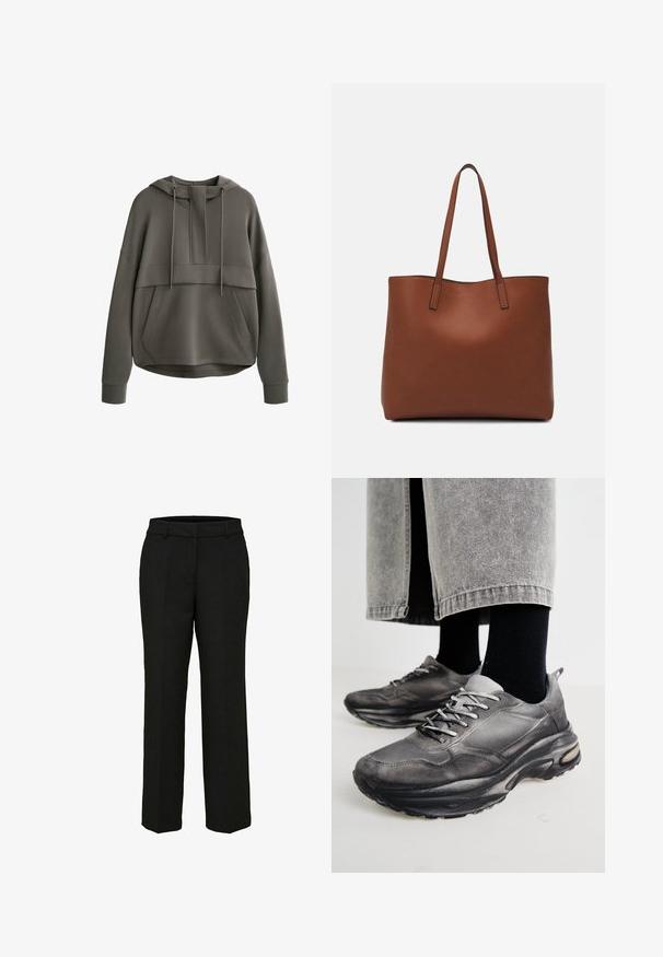 Olivgrüner Hoodie mit einer Fronttasche, weiten Ärmeln und einer verstellbaren Kordelzugkapuze. Verfügt über ein geschichtetes Design und eine glatte Textur.; Schwarze, maßgeschneiderte Hosen mit geradem Bein, Gürtelschlaufen und Fronttaschen; glattes Material mit sauberem Finish.; Schwarze und graue Sportschuhe verfügen über ein Obermaterial aus Mesh, dicke Sohlen und Schnürsenkel. Sie haben eine abgerundete Zehenpartie und sichtbare Dämpfungsdetails.; Braune Leder-Tote mit glatter Textur, offenem Oberteil und zwei Schulterriemen. Verfügt über minimale Nähte und keine sichtbaren Beschläge.