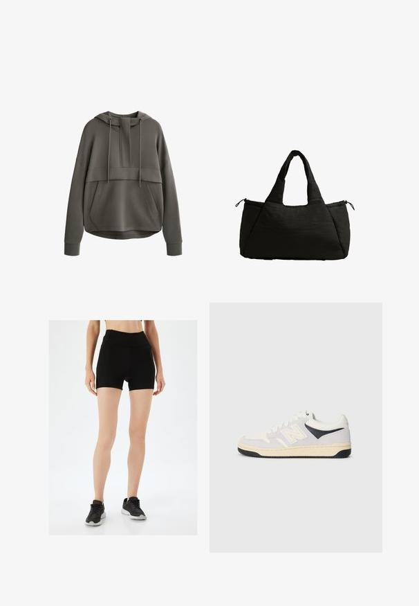 Olivengrøn hoodie med en frontlomme, brede ærmer og en justerbar snor i hætten. Har et lagdelt design og en glat tekstur.; Sorte atletiske shorts med høj talje, tætsiddende design og flade sømme. Sammen med sorte snøresko til sport med en tekstureret overdel.; Sport sneakers i hvid, grå og sort. Udstyret med suede og tekstilmaterialer, perforeret tå og logo på siden. Gummisål.; Sort tote bag med en puffet tekstur, der har to korte håndtag og en sidelomme, der er sikret med en snor. Enkel, kantet design.