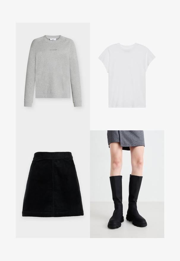 Siva majica od mekanog pamučnog materijala, s okruglim izrezom, dugim rukavima i suptilnim logotipom na prsima. Glatka tekstura i opušteni kroj.; Bijela majica kratkih rukava s okruglim izrezom, opuštenog kroja, izrađena od mekanog pamučnog materijala. Glatka tekstura, bez uzoraka ili logotipa.; Crna ženska suknja od kordura sa uskim strukom, ravnim krojem i teksturiranom tkaninom s vertikalnim ribanjem. Nema vidljivih zatvaranja ili ukrasa.; Crne čizmice do koljena s glatkom završnom obradom, debelim potplatima i diskretnim bočnim patentnim zatvaračem. Modno uparene s sivoj suknjom od riblje kosti.