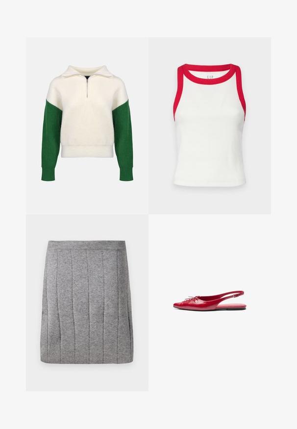 Pull en tricot avec un col zippé quart. Corps crème avec des manches vertes côtelées. Texture douce, coupe décontractée, blocs de couleur contrastants.; Débardeur blanc côtelé avec des bordures rouges au niveau du cou et des emmanchures. Présente une coupe ajustée et un ourlet droit. Tissu texturé. Logo de la marque visible.; Object OBJTHESS - Minijupe - medium grey; Chausson plat en cuir rouge avec un bout pointu et un détail de lacets décoratif sur le devant, présentant une fine bride à la cheville et une semelle plate.