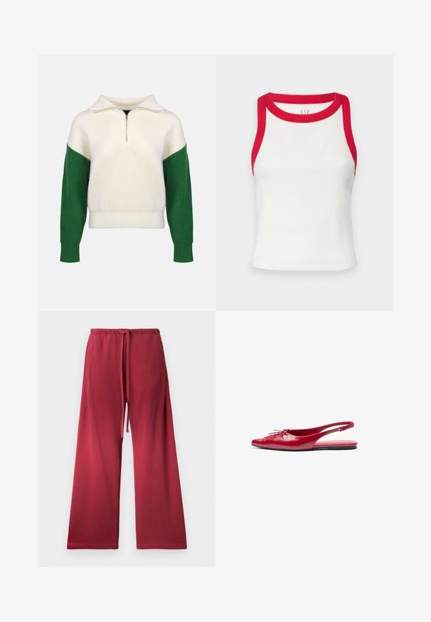 Neulepaita, jossa on neljännesvetoketju. Kermanvärinen vartalo ja ribbutetut vihreät hihat. Pehmeä rakenne, rento istuvuus, kontrastiväriset välikkeet.; Valkoinen ribattu hihaton paita punaisilla yksityiskohdilla kaula-aukossa ja kädenteissä. Ominaisuuksina muotoiltu malli ja suora helma. Teksturoitu kangas. Brändin logo näkyvissä.; Punat leveät housut, jotka on valmistettu pehmeästä kankaasta ja joissa on joustava vyötärönyöri, sekä sivutaskut käytännöllisyyden vuoksi.; Punainen nahkainen slingback-mokkasiini, jossa on teräväkärkinen muotoilu ja koristeellinen nauhakiinnitys edessä. Kenkässä on ohut nilkkaremmi ja tasapohja.