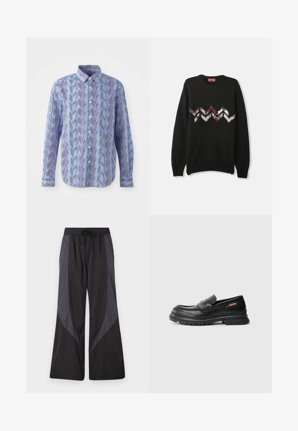 Suéter negro de manga larga, cuello redondo, con un patrón zigzagueante en rojo, blanco y beige en el pecho, hecho de material suave.; Camisa de botones con un patrón en zigzag azul y púrpura con rayas verticales negras, de mangas largas y con cuello clásico.; Han Kjøbenhavn PANELLED TRACK TROUSERS - Pantalones deportivos - anthracite black; Mocasines de cuero negro con punta redondeada, tacón bajo y suela de goma gruesa y texturizada. Presentan un detalle de costura y un pequeño logo en el lateral.