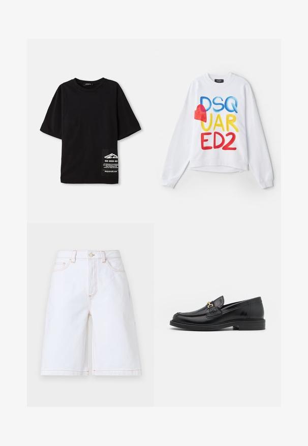 Sudadera blanca con el texto multicolor "DSQUARED2" y un acento de corazón rojo. Tejido suave, corte relajado, puños y dobladillo acanalados.; Camiseta negra de gran tamaño hecha de algodón, con mangas cortas, un escote redondo y una etiqueta con texto blanco en un bolsillo lateral.; Bermudas de mezclilla blanca con corte recto, cinco bolsillos y costuras en color tostado contrastante. Incluye un cierre frontal con botón y cremallera.; Mocasines de cuero negro con punta redondeada, que cuentan con un detalle de herrajes dorados y costuras, situados sobre una suela de goma texturizada y baja.