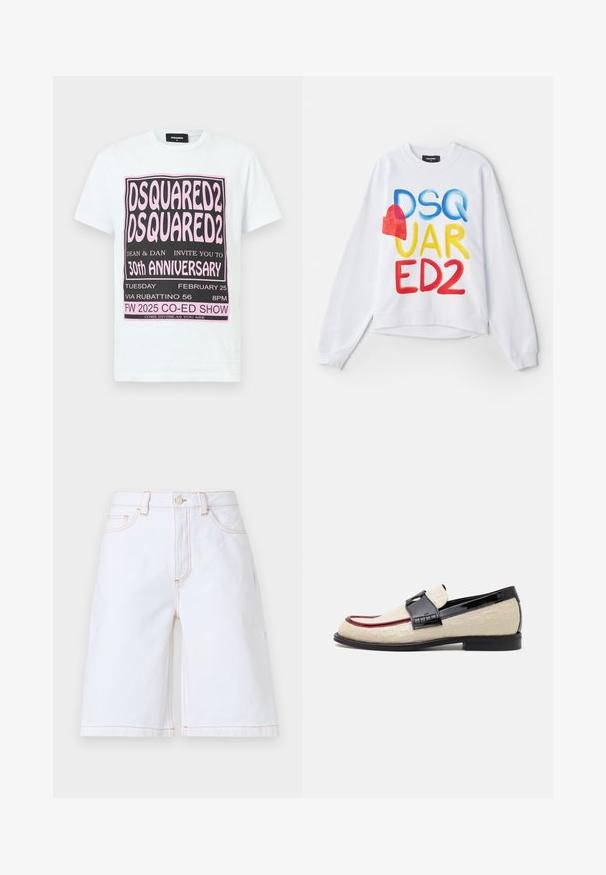 Vit sweatshirt med flerfärgad text "DSQUARED2" och en röd hjärtaccent. Mjuk tyg, avslappnad passform, ribbade muddar och nederkant.; Vit bomullströja med svart och rosa grafisk text för DSQUARED2:s 30-årsjubileum, kortärmad och med rund hals.; Vita denimshorts med rak skärning, fem fickor och kontrasterande tan-sömmar. Inkluderar en framknapp och dragkedjestängning.; Beiga loafers med präglat mönster, röd accentrand och glänsande svart klack. Har ett band med spänne. Platt svart sula.