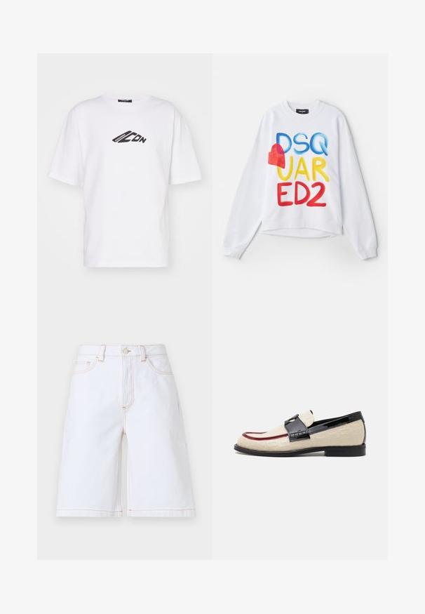 White sweatshirt featuring multicolored text "DSQUARED2" with a red heart accent. Soft fabric, relaxed fit, ribbed cuffs, and hem.; White cotton t-shirt featuring a black graphic logo on the chest. Short sleeves, crew neckline, and a relaxed fit.; White denim shorts featuring a straight cut, five pockets, and contrasting tan stitching. Includes a front button and zipper closure.; Beige loafers with embossed pattern, red accent stripe, and glossy black heel. Features a strap with buckle detail. Flat black sole.
