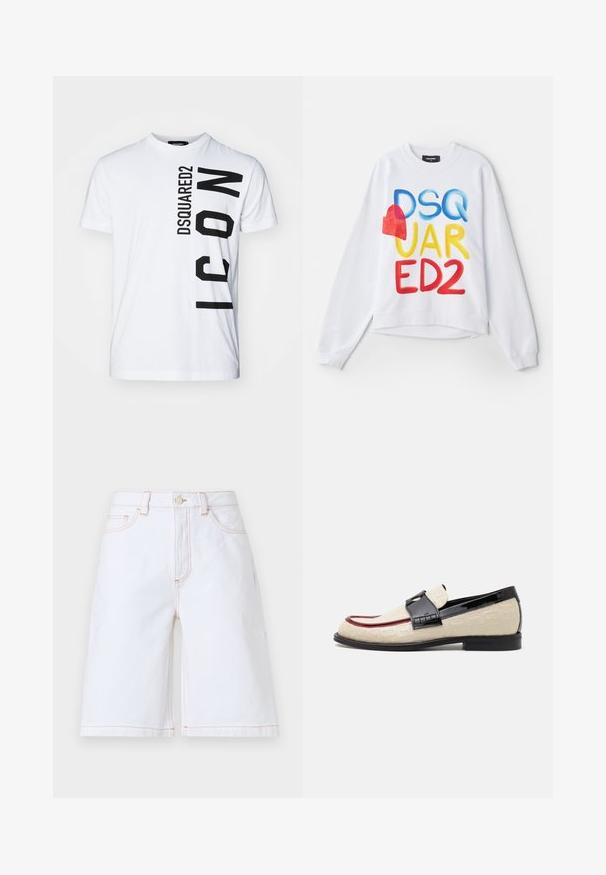 Sudadera blanca con el texto multicolor "DSQUARED2" y un acento de corazón rojo. Tejido suave, corte relajado, puños y dobladillo acanalados.; Camiseta de algodón blanca con cuello redondo que presenta un texto vertical en negrita en negro "DSQUARED2 ICON." Manga corta y un corte holgado.; Bermudas de mezclilla blanca con corte recto, cinco bolsillos y costuras en color tostado contrastante. Incluye un cierre frontal con botón y cremallera.; Mocasines beige con patrón grabado, franja de acento roja y tacón negro brillante. Cuenta con una correa con detalle de hebilla. Suela plana negra.