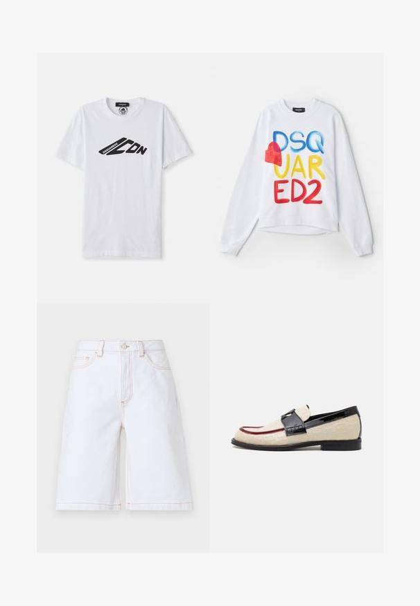 Witte sweatshirt met meerkleurige tekst "DSQUARED2" met een rood hartaccent. Zachte stof, relaxte pasvorm, geribde boorden en zoom.; Witte katoenen t-shirt met korte mouwen en een ronde halslijn. Het heeft een zwart grafisch logo, "DSQUARED2 CDN," over de borst.; Witte denim shorts met een rechte snit, vijf zakken en contrasterende tan stiksels. Inclusief een sluiting met een knoop en ritssluiting aan de voorkant.; Beige loafers met een reliëfpatroon, rode accentstreep en glanzende zwarte hak. Heeft een band met gespdetail. Platte zwarte zool.