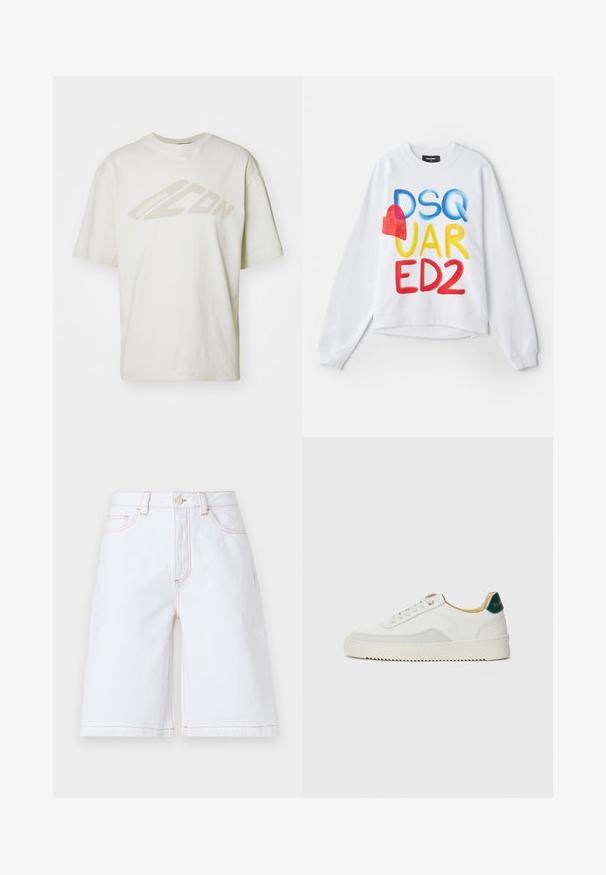 Weißer Pullover mit mehrfarbigem Schriftzug "DSQUARED2" und rotem Herzakzent. Weicher Stoff, lockere Passform, gerippte Bündchen und Saum.; DSQUARED2 ICON LOOSE FIT TEE - T-Shirt print - offwhite; Weiße Denim-Shorts mit geradem Schnitt, fünf Taschen und kontrastierenden hellbraunen Nähten. Beinhaltet einen vorderen Knopf- und Reißverschluss.; Weiße Sneaker mit Wildlederelementen, runder Zehenpartie, flachen Schnürsenkeln und einer cremefarbenen Gummisohle. Mit grünen Markenlogo am Fersenbereich.