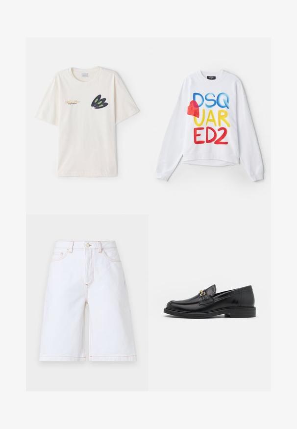 Balta sportinė palaidinė su daugiaspalviu užrašu "DSQUARED2" ir raudonu širdelės akcentu. Minkšta medžiaga, laisvas kirpimas, ilgomis ribotomis rankovėmis ir apačia.; Kreminės spalvos medvilninė marškinė, su tamsiu vinilo disko grafiku, apdailintu žaliais akcentais ir auksiniu tekstu priekyje. Trumpomis rankovėmis, apvaliu kaklu.; Balti džinsiniai šortai su tiesiu pjūviu, penkiomis kišenėmis ir kontrastine smėlio spalvos siuvinėjimu. Su priekine saga ir užtrauktuku.; Juodos odinės loafer tipo bateliai su apvaliuku, su auksinėmis detalėmis ir siuvinėjimo akcentais, įrengti ant žemos, tekstūruotos gumos pado.
