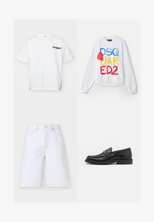 Biele mikina so zvýrazneným viacfarebným písmom "DSQUARED2" a červeným srdiečkom. Mäkkučký materiál, uvoľnený strih, rebrované manžety a spodný okraj.; MISBHV COMMUNITY - Tričko s potlačou - white; Biele denimové šortky so strihaním v rovnom strihu, piatimi vreckami a kontrastným tanou šitím. Zahrňuje predné zapínanie na gombík a zips.; Čierne kožené loafers so zaoblenou špičkou, s pozlátenými kovovými prvkami a detailným šitím, uložené na nízkej, textúrovanej gumenej podrážke.