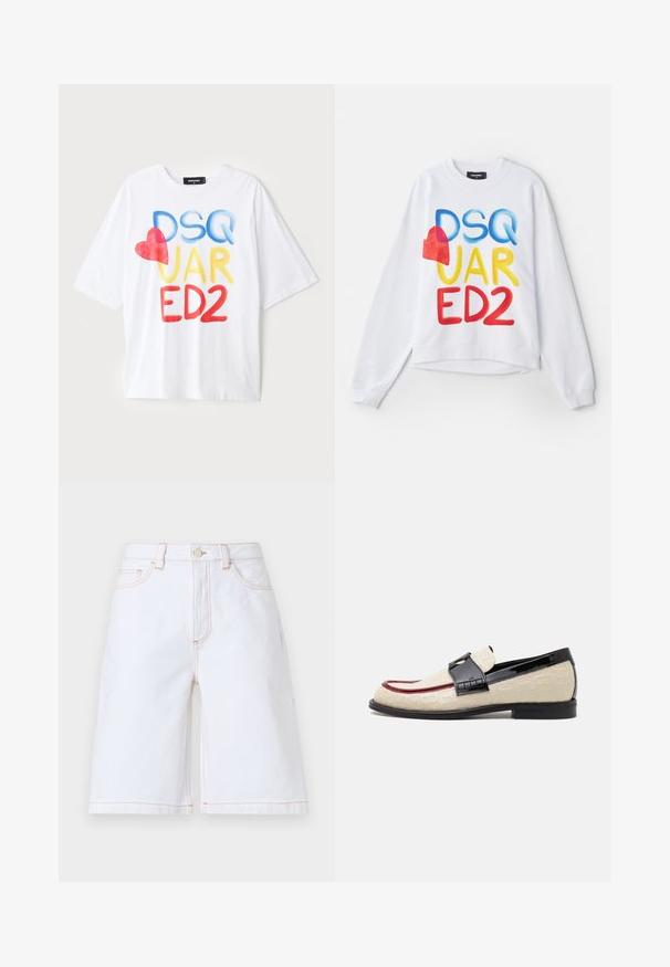 Balta sportinė palaidinė su daugiaspalviu užrašu "DSQUARED2" ir raudonu širdelės akcentu. Minkšta medžiaga, laisvas kirpimas, ilgomis ribotomis rankovėmis ir apačia.; Balta trumpa rankovė t-shirt su spalvingu užrašu: "DSQ JAR ED2" mėlyna, geltona ir raudona spalvomis, su raudonu širdies akcentu. Medvilninė medžiaga.; Balti džinsiniai šortai su tiesiu pjūviu, penkiomis kišenėmis ir kontrastine smėlio spalvos siuvinėjimu. Su priekine saga ir užtrauktuku.; Bežiniai loaf'eriai su išlenktu raštu, raudona akcento juosta ir blizgiu juodu kulnu. Su dirželio ir sagties detale. Plokščias juodas padas.