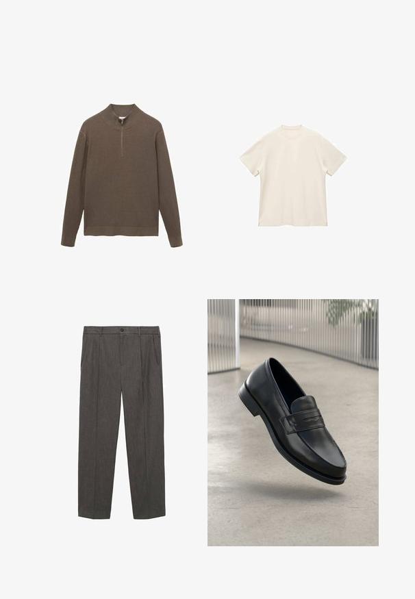 Pulover călduros, maro, cu un guler înalt și un fermoar scurt. Mâneci lungi și croială dreaptă la tiv. Textură moale, design minimal.; Tricou cu mâneci scurte, guler rotund, dintr-un material moale, de culoare albă-crem, având o textură netedă și slituri laterale pentru o potrivire lejeră.; Pantaloni gri, croiți, dintr-un material texturat. Prezintă o închidere cu nasture, două buzunare frontale și un design cu picioare drepte.; Mocasini negri din piele cu textură fină, vârf ascuțit și o curea decorativă peste laba piciorului. Talpă ușoară, design minimalist.