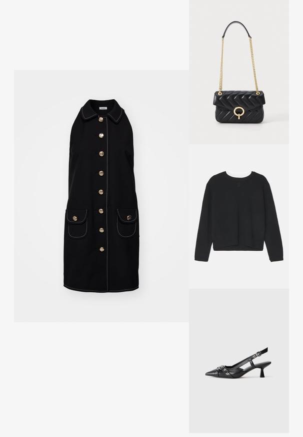 Sort sweatshirt med lange ærmer, rund halsudskæring og en let cropped kant. Lavet af blødt stof, med en subtil logo detalje foran.; Sort ærmeløs frakke med krave, med gyldne knapper ned langs fronten, to forlommer og hvide stingdetaljer.; Sort lædersandal med spids tå, dekorative stropper med metaløjer og en lav blokhæl. Struktureret overflade.; Sort quiltet læderhåndtaske med en guldkæde-strap, der har en afrundet guldfarvet lås og en klaplukning. Kompakt rektangulær form.