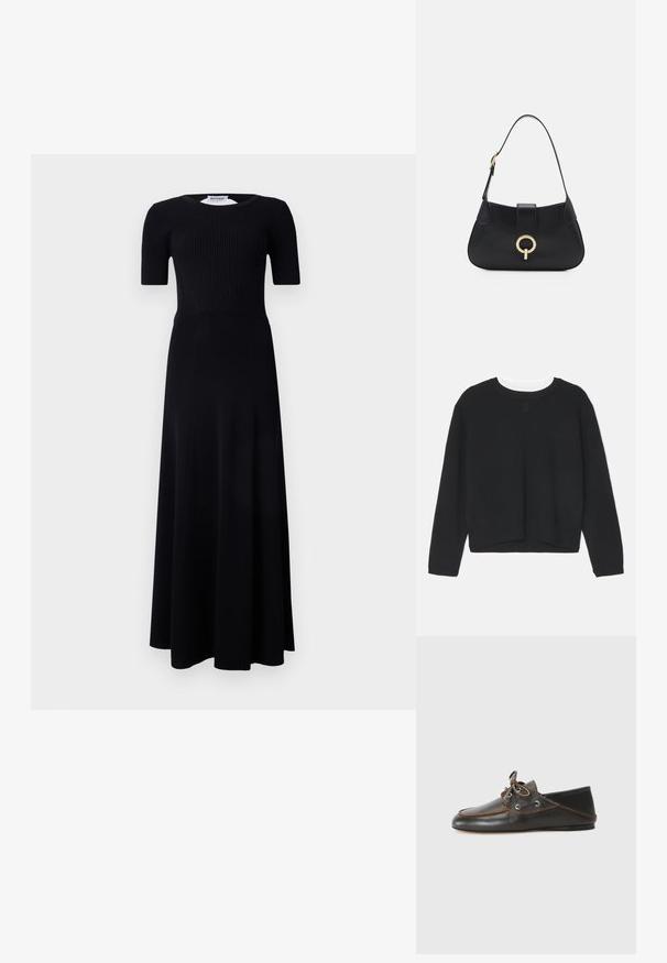 Hanorac negru cu mâneci lungi, de tip crew neckline, și o ecuație ușor scurtată. Fabricat dintr-un material moale, cu un detaliu discret al logo-ului pe față.; Rochie maxi neagră cu un corset texturat, mâneci scurte și o fustă fluidă. Confecționată dintr-un material neted, cu o culoare uniformă pe toată suprafața.; Pantofi de bărbat din piele neagră pentru bărci, cu cusături maro, design cu șireturi și ochiuri metalice. Talpă plată cu vârf rotunjit și finisaj neted.; Geantă din piele neagră cu o silueta curbată, curea scurtă, accesorii centrala de nuanță aurie și textură netedă. Fără modele sau accente vizibile.