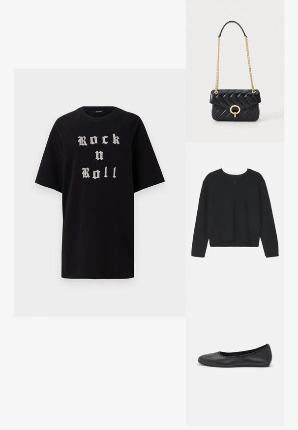 Czarny sweatshirt z długimi rękawami, okrągłym dekoltem i lekko krótkim dołem. Wykonany z miękkiego materiału, z delikatnym logo z przodu.; Czarna, oversize koszulka z krótkim rękawem z okrągłym dekoltem, z napisem "Rock n Roll" w srebrnym, gotyckim kroju czcionki. Wykonana z bawełny.; Czarne skórzane baletki z zaokrąglonym noskiem, gładką fakturą, minimalnymi przeszyciami i elastycznym designem podeszwy.; Czarna pikowana skórzana torebka na ramię z złotym łańcuchem, z okrągłym zapięciem z złotego metalu i z klapką. Kompaktowy prostokątny kształt.