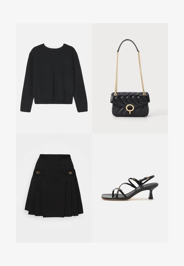 Svart hettegenser med lange ermer, rund hals og en litt cropped hem. Laget av myk stoff, med en subtil logo detalj på forsiden.; Svart plisserte skjørt med gullhardware akenter. Har side lommer med logo detaljer, laget av glatt materiale. A-formet silhuett.; Sorte patent lær strappy sandaletter med firkantet tå og en lav, blokkhæl. Har guldtonet hardware og justerbare ankelremme.; Svart quilted skinnveske med en gullkjede-rem, har en rund gullspenne og klaff-lukking. Kompakt rektangulær form.