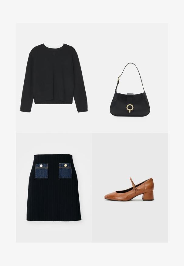 Pull noir à manches longues, col rond et ourlet légèrement court. Fabriqué en tissu doux, avec un détail de logo subtil sur le devant.; Mini-jupe noire côtelée avec taille cintrée, dotée de deux poches en denim bleu à l'avant avec des accents de boutons argentés.; Tamaris Escarpins - cognac; Sac à main en cuir noir avec une silhouette arrondie, une courte bandoulière, un matériel doré central et une texture lisse. Aucun motif ni accent visible.