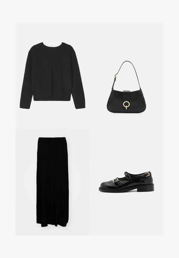 Pull noir à manches longues, col rond et ourlet légèrement court. Fabriqué en tissu doux, avec un détail de logo subtil sur le devant.; Jupe longue noire en tricot avec un devant à boutons, deux poches devant, un tissu texturé et une silhouette droite.; Chaussures en cuir noir avec détails de brogue, dotées de deux sangles à boucle, d'un bout arrondi et d'un talon bas. Texture lisse avec finition brillante.; Sac à main en cuir noir avec une silhouette arrondie, une courte bandoulière, un matériel doré central et une texture lisse. Aucun motif ni accent visible.