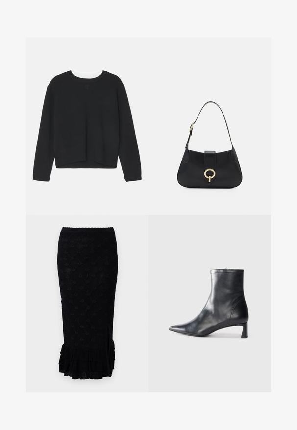 Fekete pulóver hosszú ujjakkal, kerek nyakkivágással és enyhén cropped aljjal. Puha anyagból készült, az elején egy diszkrét logóval.; Fekete kötött szoknya textúrált gyémántmintával, fodros aljjal és oldalsó hasítékkal. Az anyag lágy és enyhén áttetsző.; Fekete bőr bokacsizma hegyes orral és letisztult dizájnnal. Alacsony sarka és hátsó cipzáras záródása van. Simának tűnő textúra.; Fekete bőr kézitáska ívelt sziluettel, rövid pánttal, középen aranyszínű hardware-rel és sima textúrával. Nincsenek látható minták vagy kiegészítők.