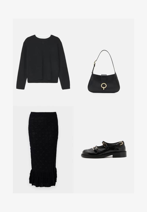 Felpa nera con maniche lunghe, scollatura a girocollo e orlo leggermente accorciato. Realizzata in un tessuto morbido, presenta un discreto dettaglio del logo sul davanti.; Gonna nera a maglia con un motivo a diamante testurizzato, orlo arricciato e spacco laterale. Il materiale sembra morbido e leggermente trasparente.; Scarpe in pelle nera con dettagli brogue, dotate di due cinturini con fibbia, punta arrotondata e tacco basso. Texture liscia con finitura lucida.; Borsa a tracolla in pelle nera con silhouette curva, manico corto, hardware centrale in tonalità oro e texture liscia. Nessun motivo o dettaglio visibile.
