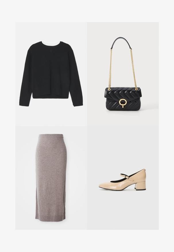 Svart hettegenser med lange ermer, rund hals og en litt cropped hem. Laget av myk stoff, med en subtil logo detalj på forsiden.; Knielang, taupe strikket blyantskjørt med ribbestrikket liv og kant, med sideslirer for mer komfort og stil.; Beige lakk lær Mary Jane-sko med falsk tå, spennerem og middels høy blokkhel. Glatt tekstur med en blank finish.; Svart quilted skinnveske med en gullkjede-rem, har en rund gullspenne og klaff-lukking. Kompakt rektangulær form.