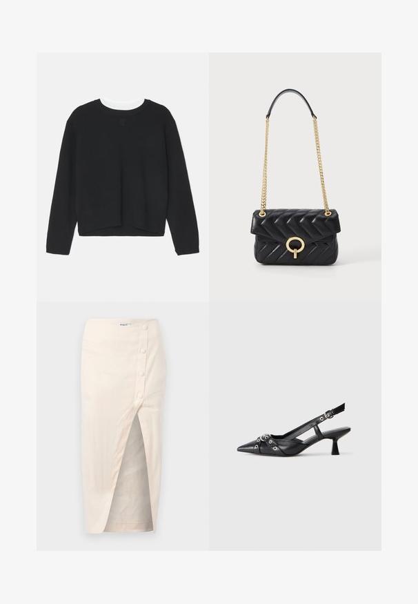 Sort sweatshirt med lange ærmer, rund halsudskæring og en let cropped kant. Lavet af blødt stof, med en subtil logo detalje foran.; Beige linned midi-nederdel med en frontslids, der har en knaplukning på venstre side og en lomme, glat tekstur.; Sort lædersandal med spids tå, dekorative stropper med metaløjer og en lav blokhæl. Struktureret overflade.; Sort quiltet læderhåndtaske med en guldkæde-strap, der har en afrundet guldfarvet lås og en klaplukning. Kompakt rektangulær form.