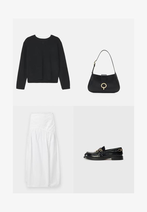 Svart sweatshirt med långa ärmar, rundad halsringning och en något beskuren fåll. Tillverkad av mjukt material, med en diskret logotypdetalj på framsidan.; sandro JUPE - Maxikjol - blanc; Svarta läderloafers med en glansig yta, prydda med två guldspännen och en låg klack. Slät textur med rundad tådesign.; Svart läderhandväska med en böjd silhuett, kort rem, centrala detaljer i guldton och slät textur. Inga synliga mönster eller accenter.