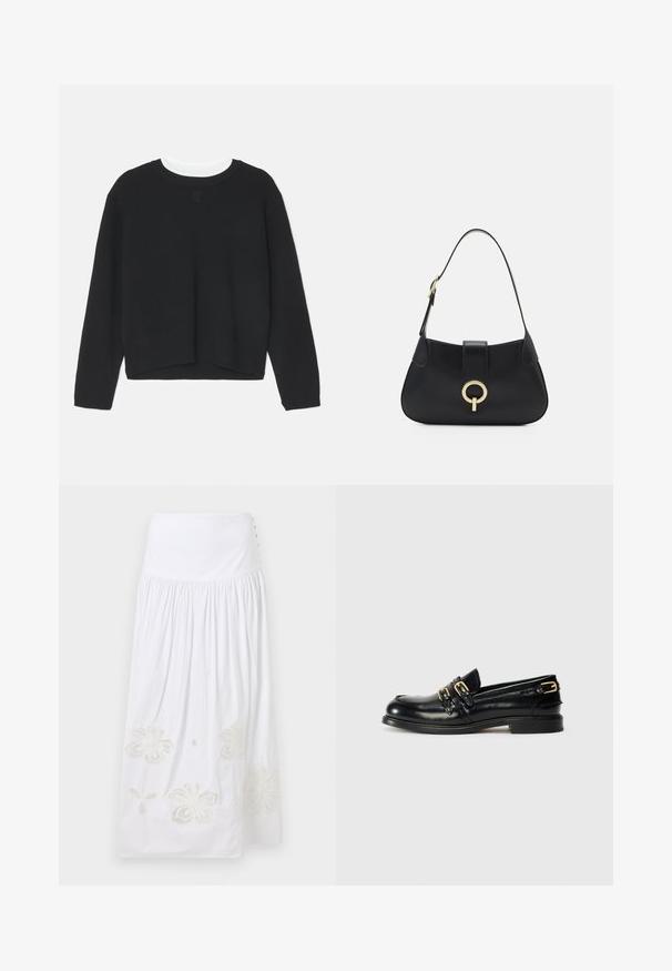 Felpa nera con maniche lunghe, scollatura a girocollo e orlo leggermente accorciato. Realizzata in un tessuto morbido, presenta un discreto dettaglio del logo sul davanti.; sandro SKIRT - Gonna lunga - ecru; Mocassini neri in pelle con finitura lucida, dotati di due fibbie dorate e tacco basso. Texture liscia con design a punta arrotondata.; Borsa a tracolla in pelle nera con silhouette curva, manico corto, hardware centrale in tonalità oro e texture liscia. Nessun motivo o dettaglio visibile.