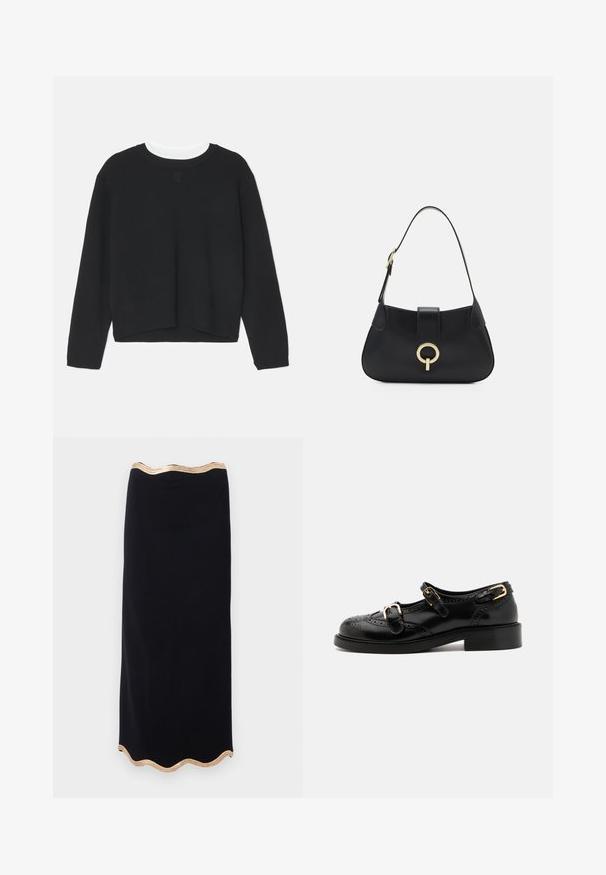 Melna sporta krekls ar garām piedurknēm, apaļu kakla izgriezumu un nedaudz īsu apakšmalu. Izgatavots no mīksta auduma, uz priekšpuses ir subtila logotipa detaļa.; Melnas zīmuļu svārkus ar viļņotu apakšmalu, rotātiem ar zelta metāla diegu. Gluda faktūra, figūru izceļoša dizaina, līdz ceļgaliem.; Melnas ādas kurpes ar brogue detaļām, ar diviem sprādžu siksnām, noapaļotu purngalu un zemu papēdi. Gluda tekstūra ar spīdīgu apdari.; Melna ādas rokassoma ar izliekta siluetu, īsu siksnu, centrālo zelta krāsas aksesuāru un gludu tekstūru. Nav redzamu rakstu vai akcentu.