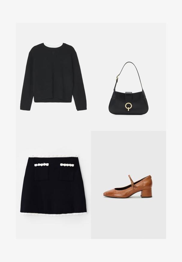Felpa nera con maniche lunghe, scollatura a girocollo e orlo leggermente accorciato. Realizzata in un tessuto morbido, presenta un discreto dettaglio del logo sul davanti.; Gonna nera con un bordo in pizzo bianco all'orlo, dotata di due tasche frontali decorate con dettagli in pizzo. Texture liscia, forma ad A.; Tamaris Decolleté - cognac; Borsa a tracolla in pelle nera con silhouette curva, manico corto, hardware centrale in tonalità oro e texture liscia. Nessun motivo o dettaglio visibile.