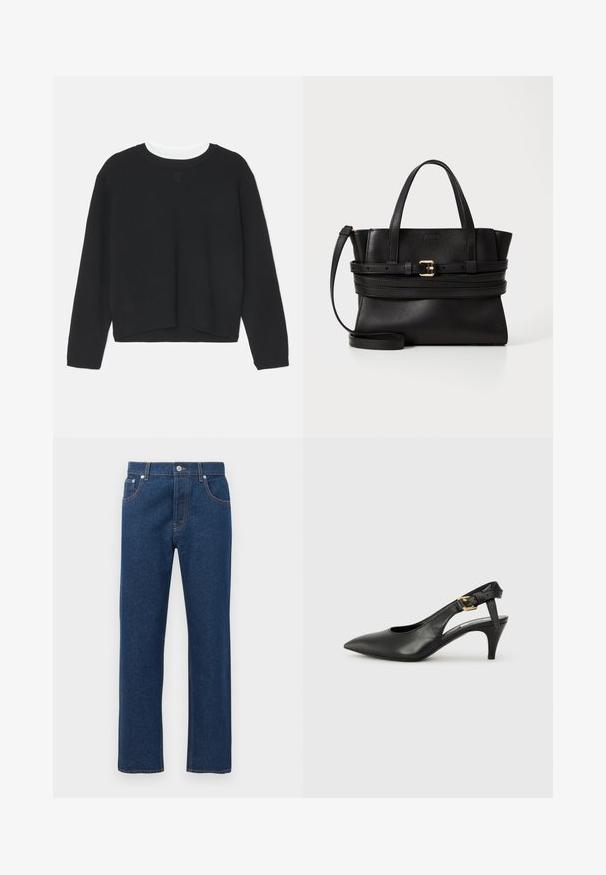Hanorac negru cu mâneci lungi, de tip crew neckline, și o ecuație ușor scurtată. Fabricat dintr-un material moale, cu un detaliu discret al logo-ului pe față.; Blugi din denim de culoare albastru închis, cu picioare drepti, buzunare frontale și posterior, bucle pentru brâu, închidere cu buton și cusături portocalii vizibile.; Pantofii slingback din piele neagră, cu vârf ascuțit, toc mic și detaliu cu cataramă pe brățara gleznei. Textură netedă, design minimalist.; Geantă de mână din piele neagră cu un design structurat, mânere superioare duale, curea detașabilă și accente din aur pe o bandă orizontală.