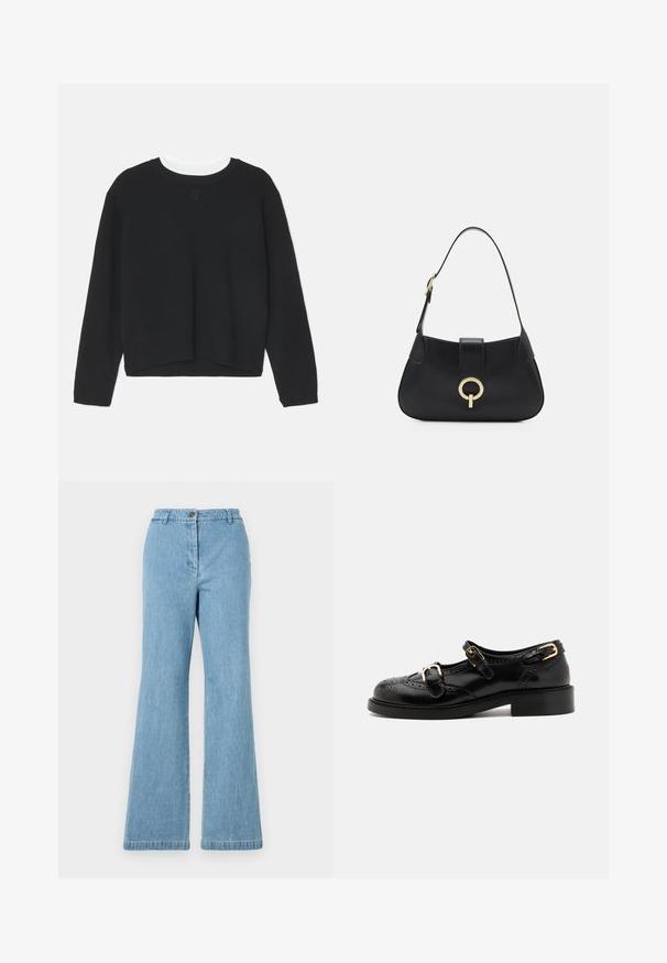 Sort sweatshirt med lange ærmer, rund halsudskæring og en let cropped kant. Lavet af blødt stof, med en subtil logo detalje foran.; Lyseblå denim flared jeans med høj talje, der har en knaplukning og kontrasterende syninger. Glat tekstur, afslappet design.; Sorte lædersko med brogue-detaljer, der har to spænder, rund tå og lav hæl. Glat tekstur med blank finish.; Sort læder håndtaske med en buet silhuet, kort rem, centralt guldfarvet hardware og glat tekstur. Ingen synlige mønstre eller accenter.