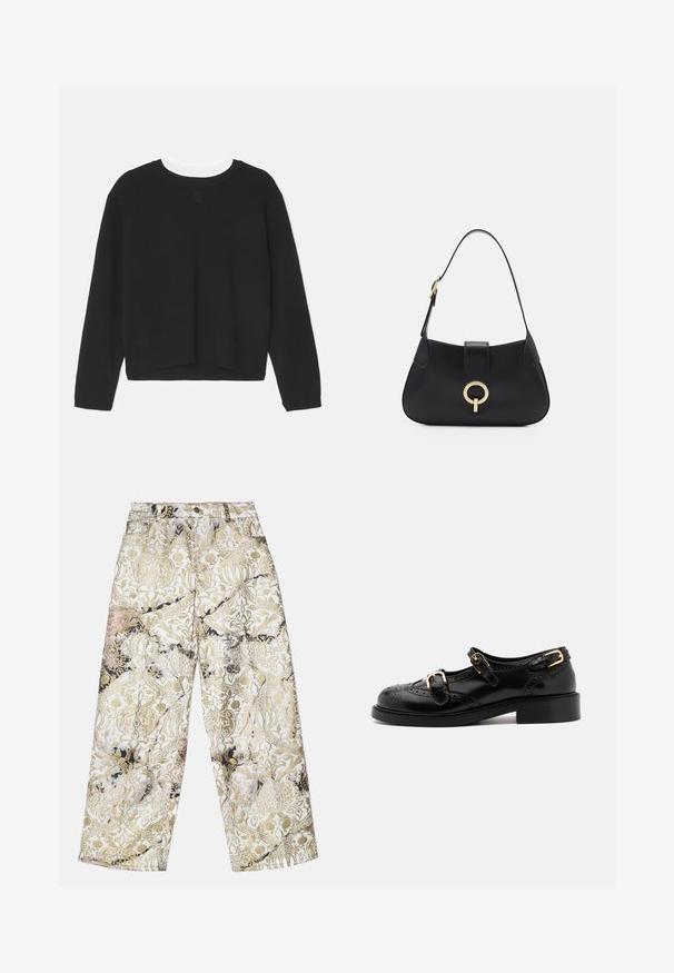 Černá mikina s dlouhými rukávy, kulatým výstřihem a mírně zkráceným spodním lemem. Vyrobena z měkkého materiálu, s jemným logem na přední straně.; Kalhoty s širokými nohavicemi vyrobené z texturované tkaniny s zlatým a černým damaskovým vzorem na bílém pozadí, s vysokým pasem.; Černé kožené boty s brogue detaily, vybavené dvěma sponami, zaoblenou špičkou a nízkým podpatkem. Hladký povrch s lesklým finišem.; Černá kožená kabelka s zakřiveným siluetou, krátkým popruhem, centrálním zlatým kováním a hladkým povrchem. Bez viditelných vzorů nebo akcentů.