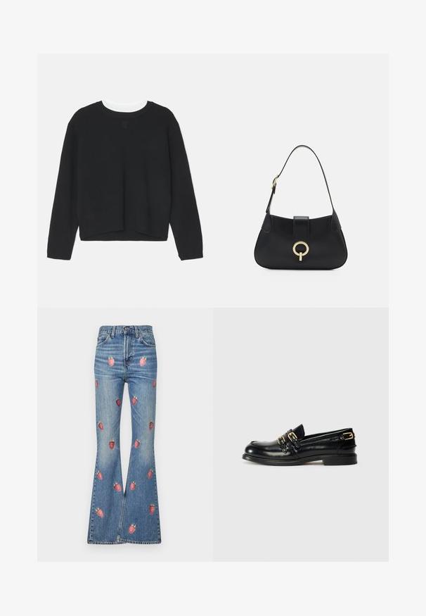 Must mustreeningud, pikad varrukad, ümar kaelus ja veidi lühem hem. Valmistatud pehmest kangast, ees on peen logo detail.; Kergelt siniseks pleekinud flared teksapüksid, millel on kogu ulatuses punased maasikate tikandid. Kõrge talje ja traditsiooniline viie taskuga disain.; Mustad nahast kingad läikiva pinna ja kahe kuldse kinnitusega, madala kanna olemasoluga. Sile tekstuur ja ümar varv.; Must musta nahkrahakott, millel on kaarjas siluett, lühike rihm, keskmise kullatooni metalldetail ja sile tekstuur. Pole nähtavaid mustreid ega lisandeid.